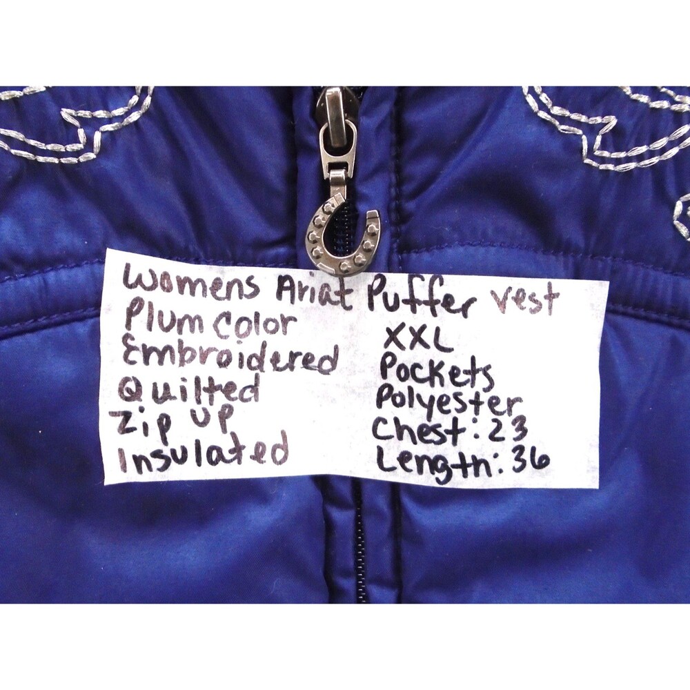 Ariat Women's Grizzly Puffer Vest Size XXL Plum Embroidered Quilted Insulated - Picture 5 of 8